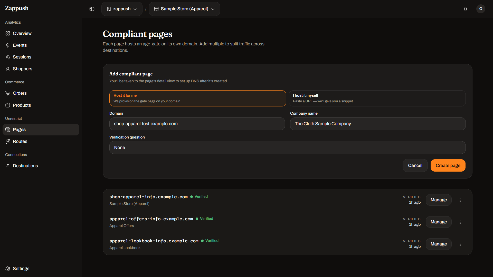 The create-page form, with the host-it-for-me and host-it-myself choice plus domain and company fields
