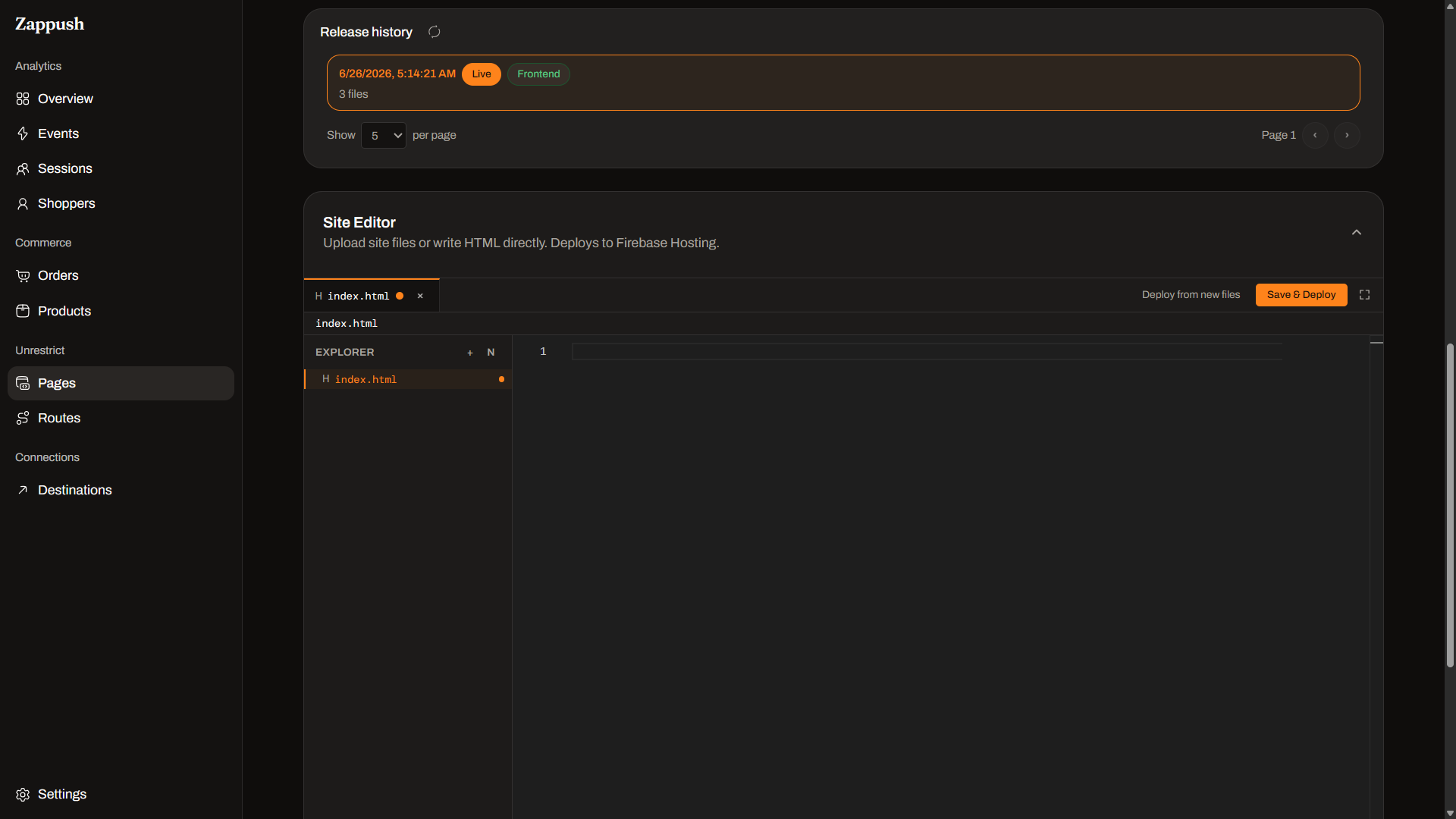 The page editor's site-editor view for writing custom HTML, with release history above it