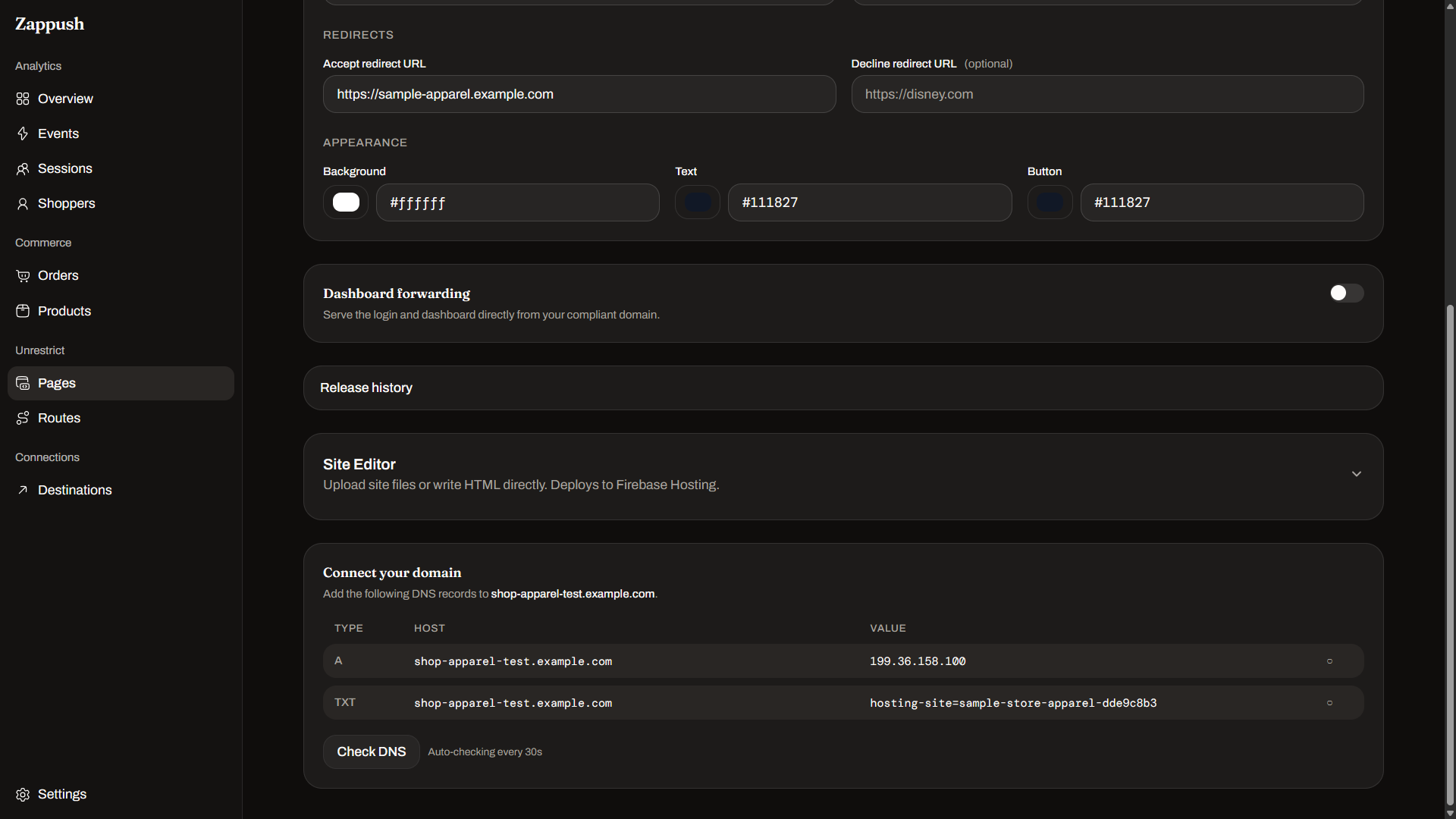 The Connect your domain panel listing the DNS records to add, each with a copy button