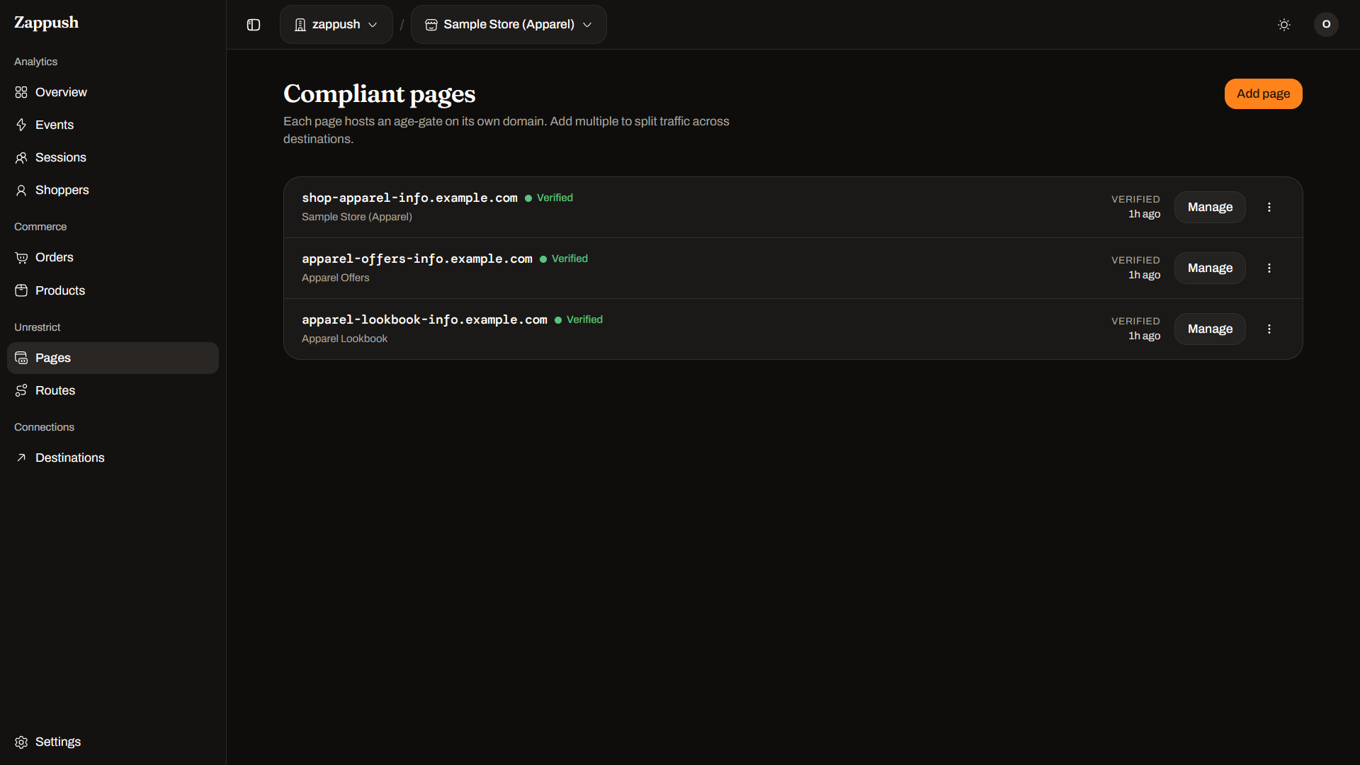 The Compliant pages list, each page on its own domain with a Verified status