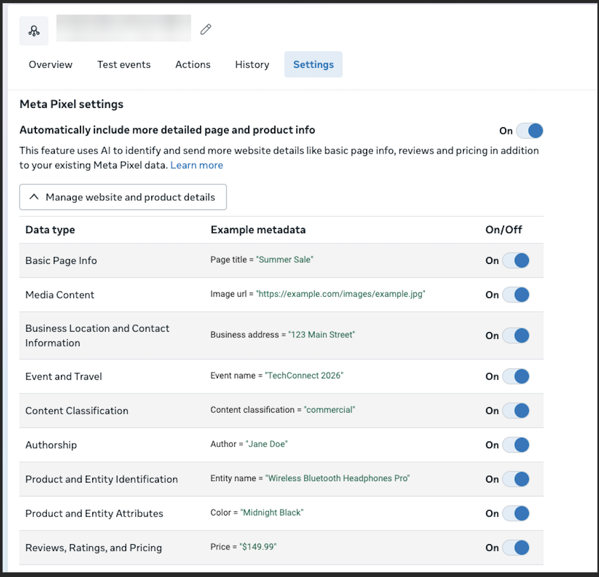 The Meta Pixel settings panel with the automatic page and product details setting