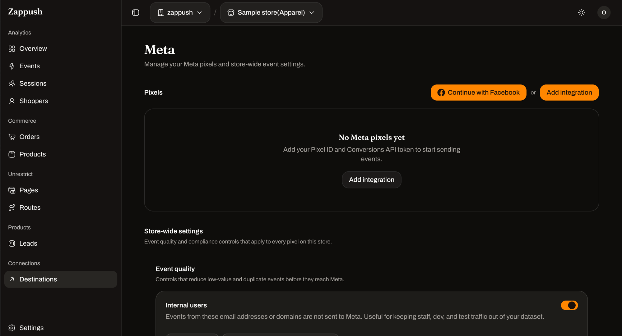 The Meta page with no pixels yet, showing the Continue with Facebook and Add integration options