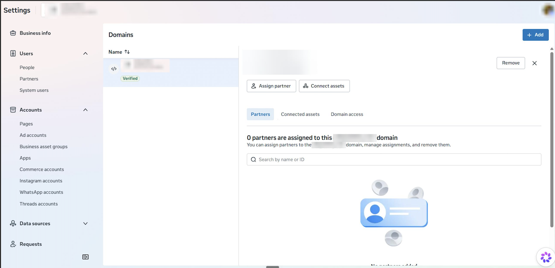 The Meta Business Settings domains list, showing a compliant domain with a Verified status