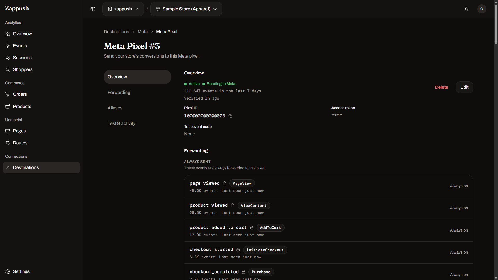 A pixel's detail page showing Active, Sending to Meta, and its forwarded events