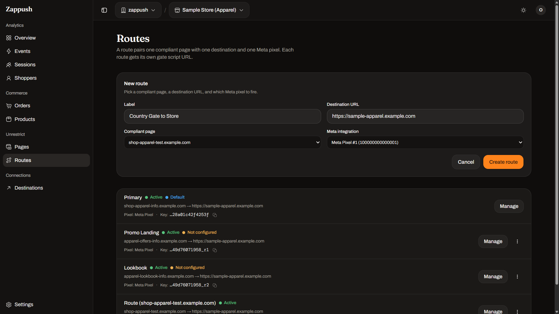 The new-route form with label, destination URL, compliant page, and Meta integration fields