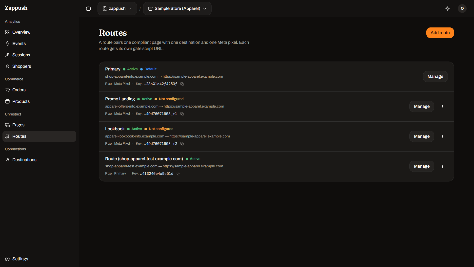 The Routes list, each route pairing a compliant page with a destination and pixel