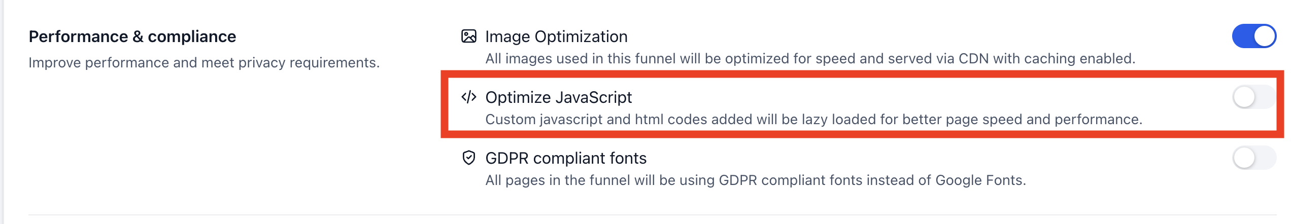 Disable Optimize JavaScript in GHL