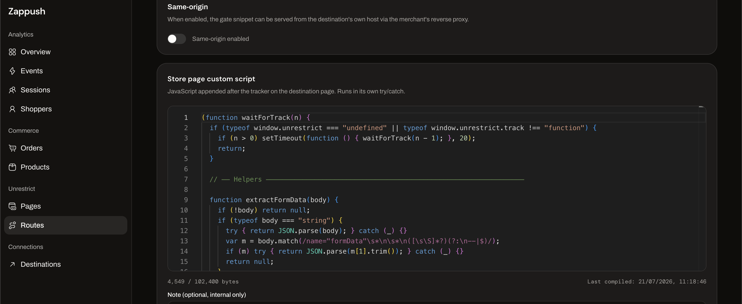 The store page custom script editor on a route detail page
